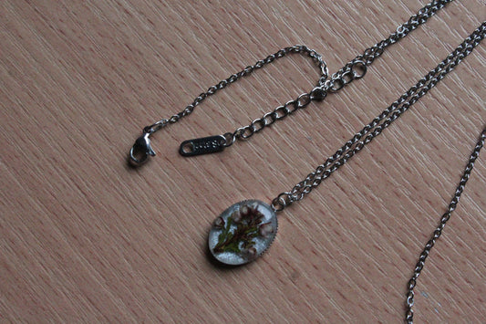 Handmade, Heather Fairy, Botanical, Flower, White, Resin Necklace | Stainless Steel