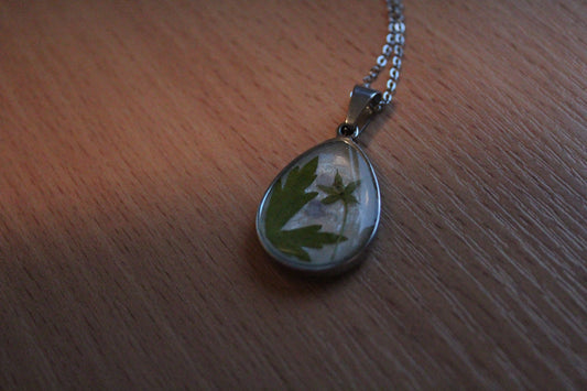 Handmade, Leaf & Flower Fairy, Botanical, White, Resin Necklace | Stainless Steel