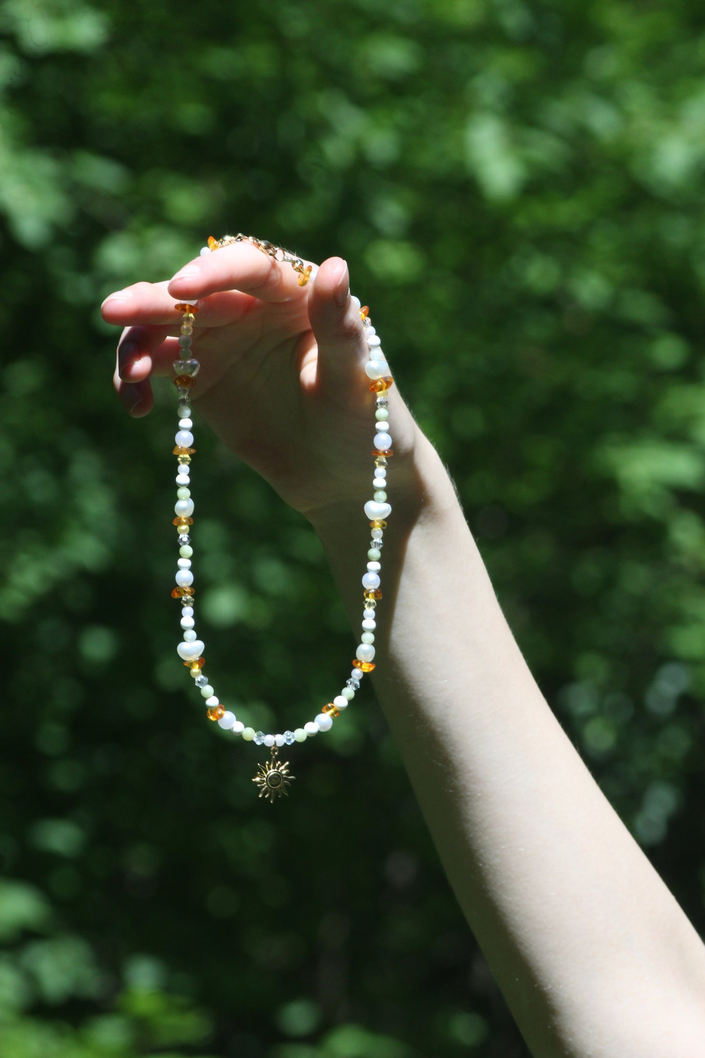 Handmade Sunlit Sage Beaded Necklace | Waterproof Stainless Steel