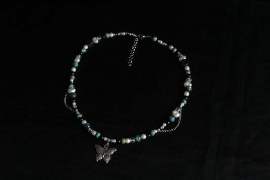 Handmade Teal Nocturne Butterfly Beaded Necklace | Waterproof Stainless Steel