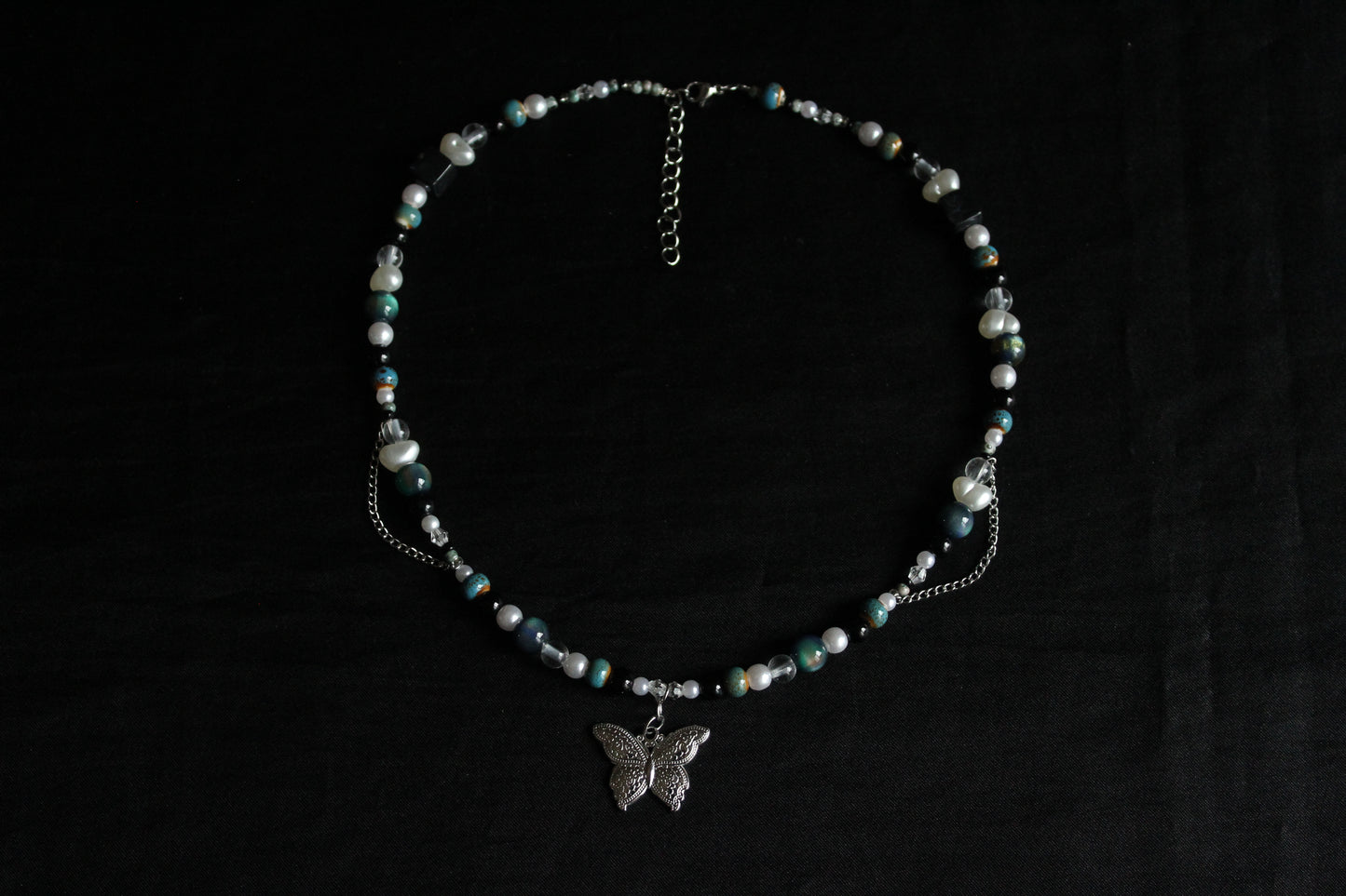 Handmade Teal Nocturne Butterfly Beaded Necklace | Waterproof Stainless Steel