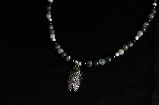 Handmade Stone Cicada Beaded Necklace | Waterproof Stainless Steel