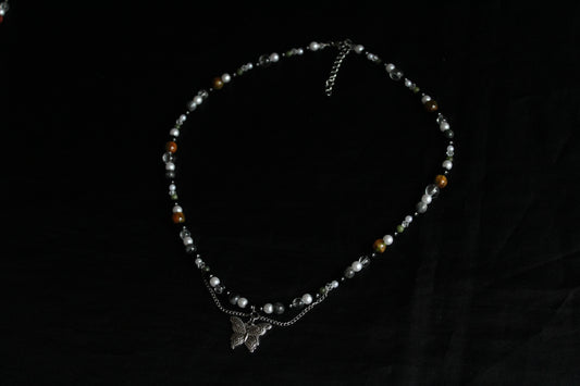 Handmade Moss & Wood Butterfly Beaded Necklace | Waterproof Stainless Steel