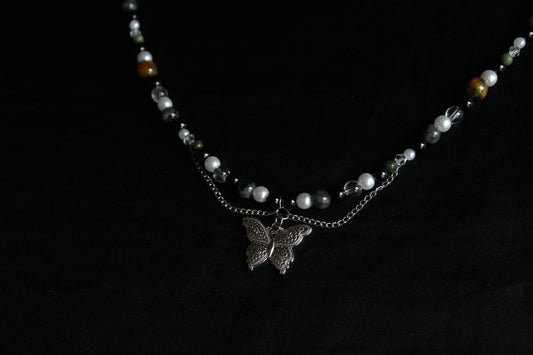 Handmade Moss & Wood Butterfly Beaded Necklace | Waterproof Stainless Steel