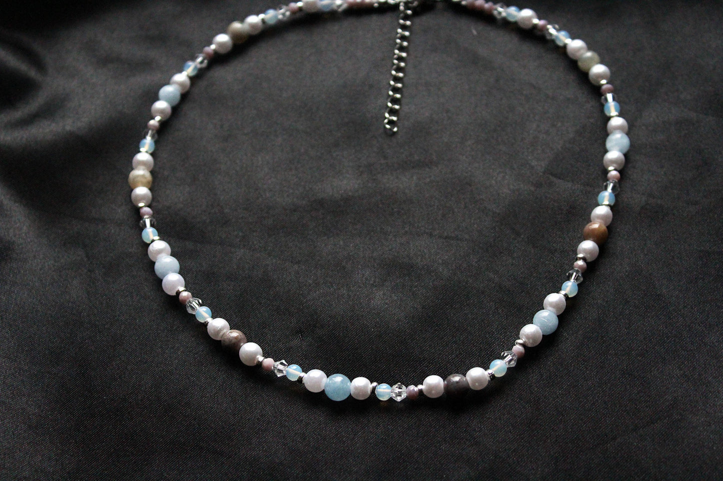 Handmade Aquamarine, Agate & Opalite Beaded Necklace | Waterproof Stainless Steel