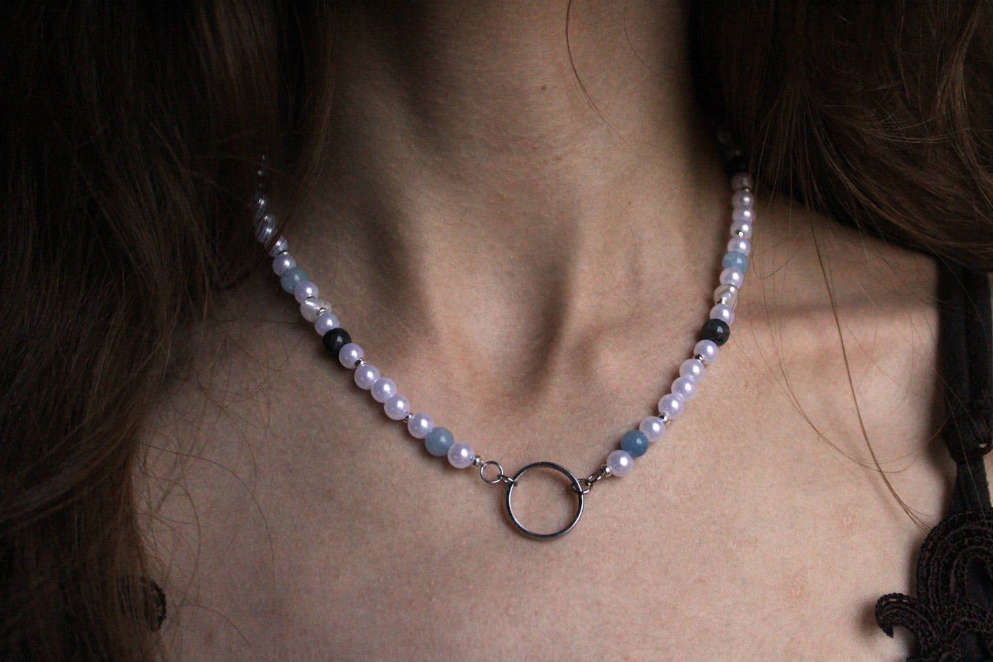 Handmade Aquamarine Circle Charm Beaded Necklace | Waterproof Stainless Steel