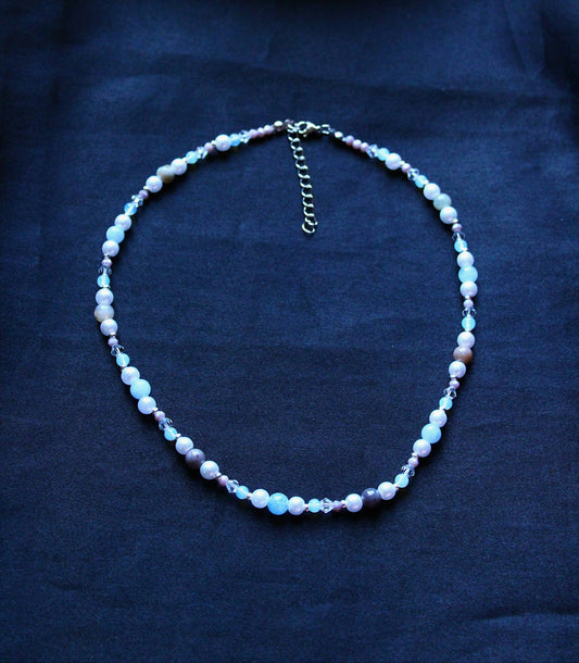 Handmade Aquamarine, Agate & Opalite Beaded Necklace | Waterproof Stainless Steel