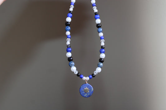 Handmade Blue Hour, Lapis Lazuli, Sun Charm, Beaded Necklace | Waterproof Stainless Steel