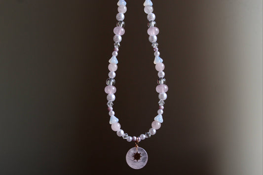 Handmade Rose Quartz Sunbeam Stone Charm Beaded Necklace | Waterproof Stainless Steel