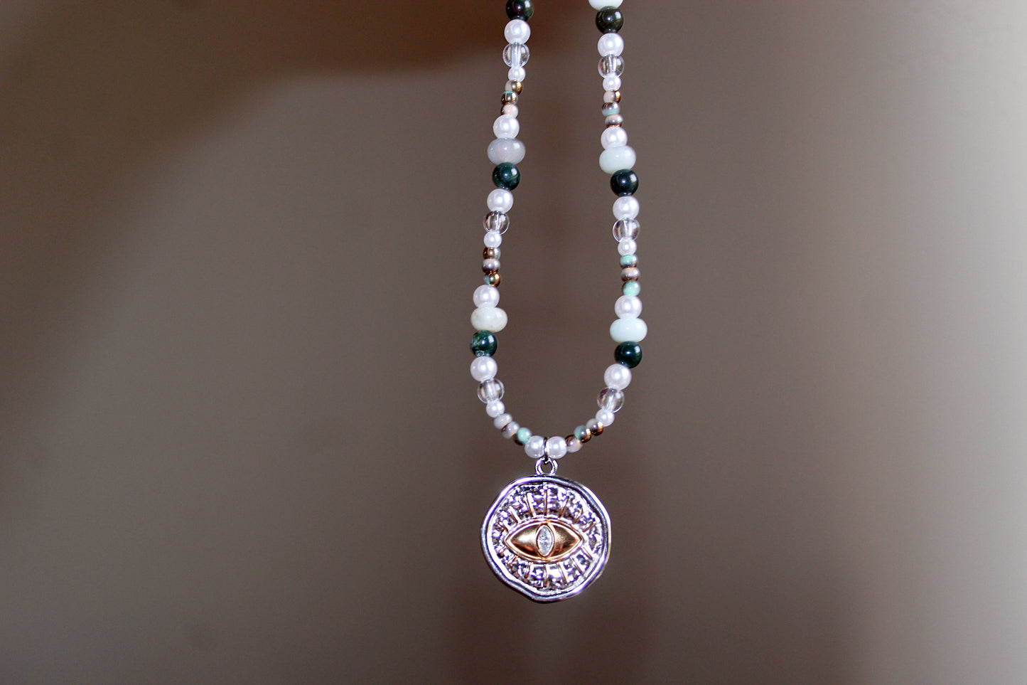 Handmade Pirate's Eye, Amazonite & Agate, Coin Charm, Beaded Necklace | Waterproof Stainless Steel