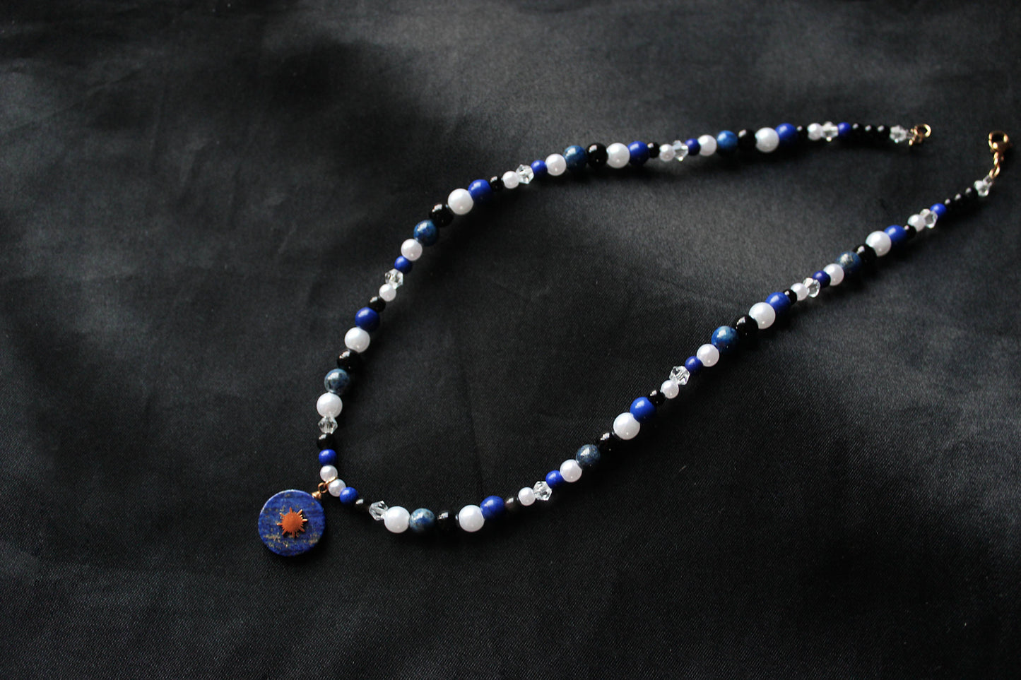 Handmade Blue Hour, Lapis Lazuli, Sun Charm, Beaded Necklace | Waterproof Stainless Steel