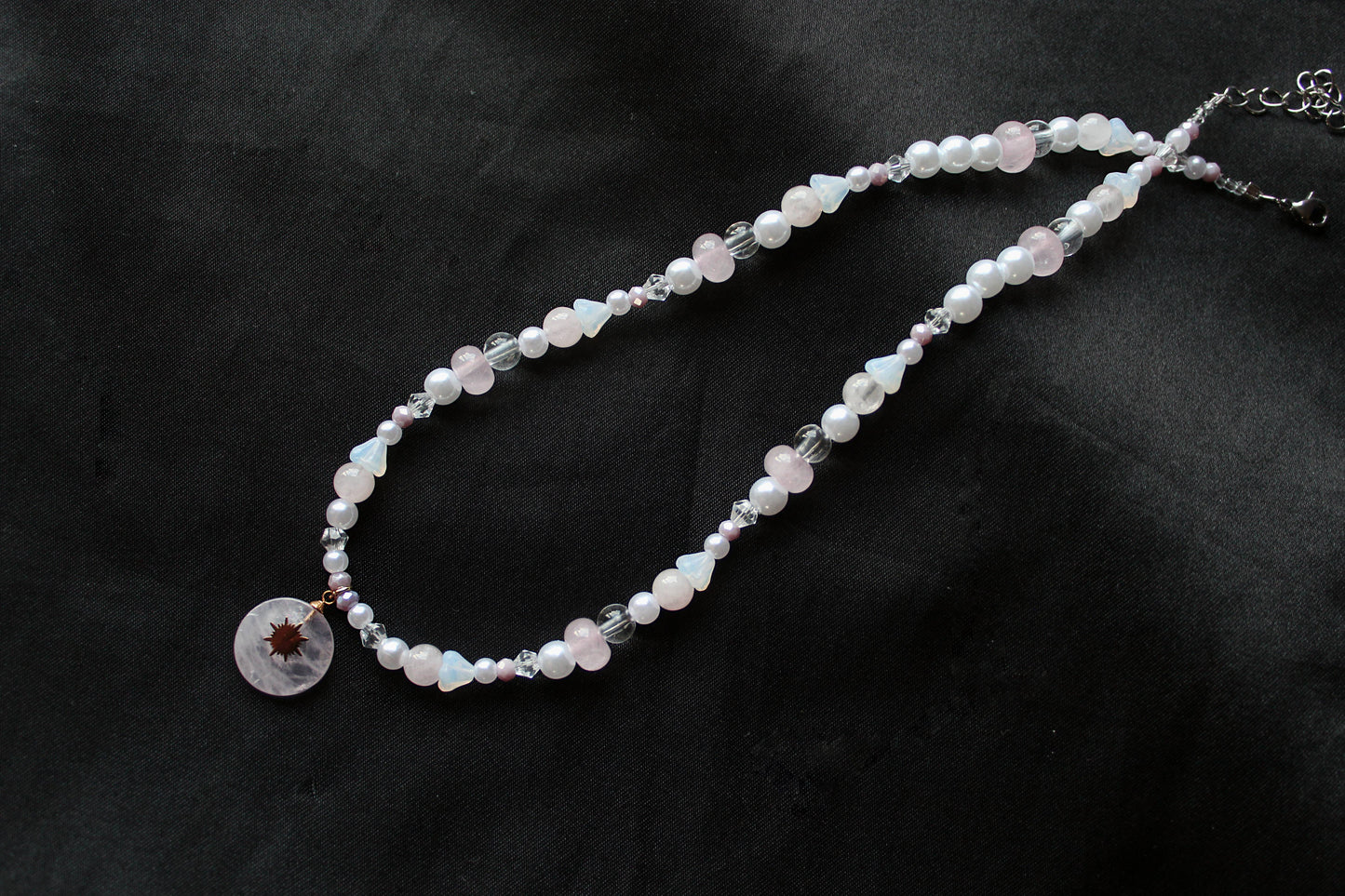 Handmade Rose Quartz Sunbeam Stone Charm Beaded Necklace | Waterproof Stainless Steel