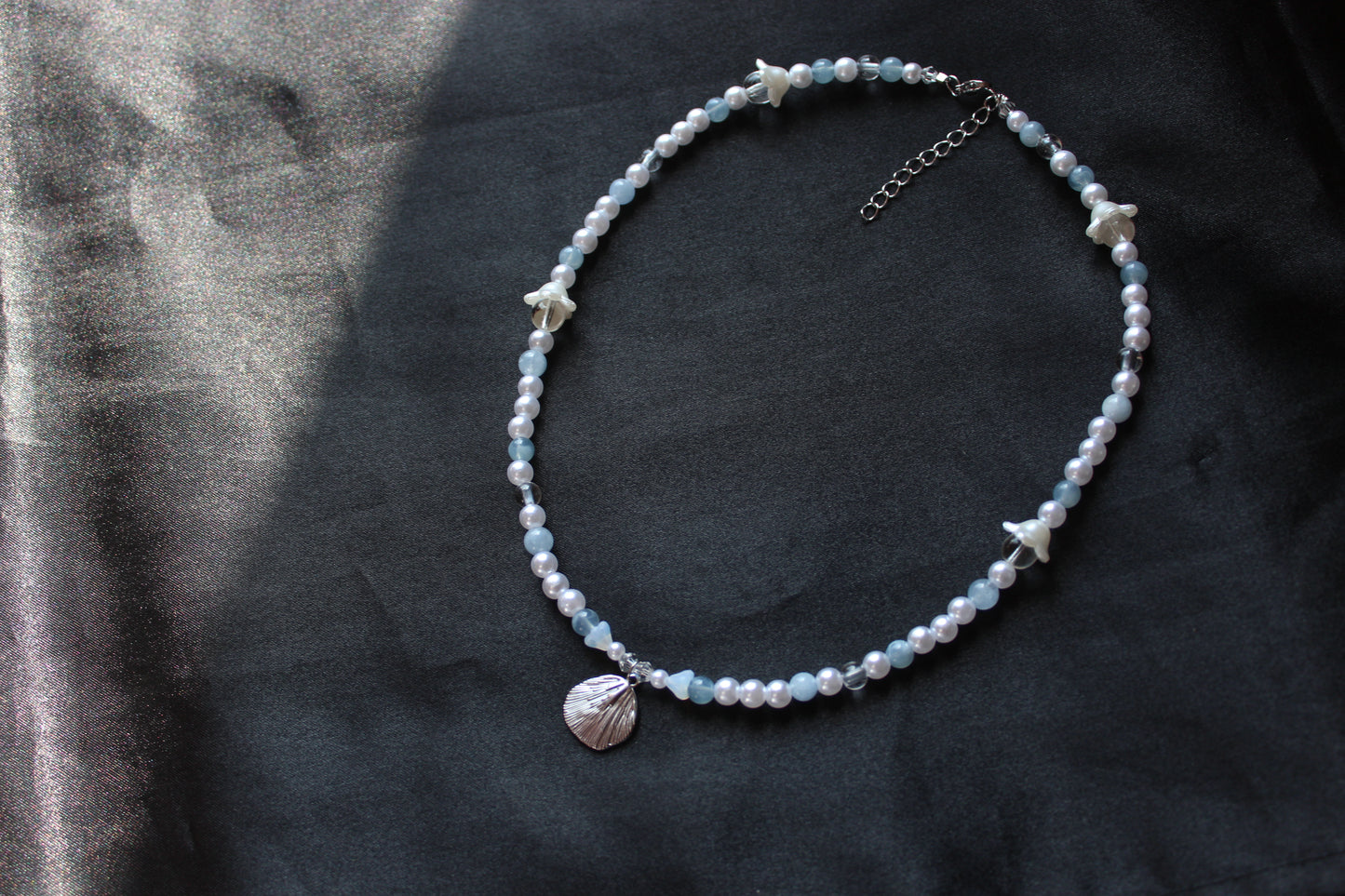 Handmade, Mermaid's Whisper, Shell Charm, Aquamarine, Beaded Necklace | Waterproof Stainless Steel