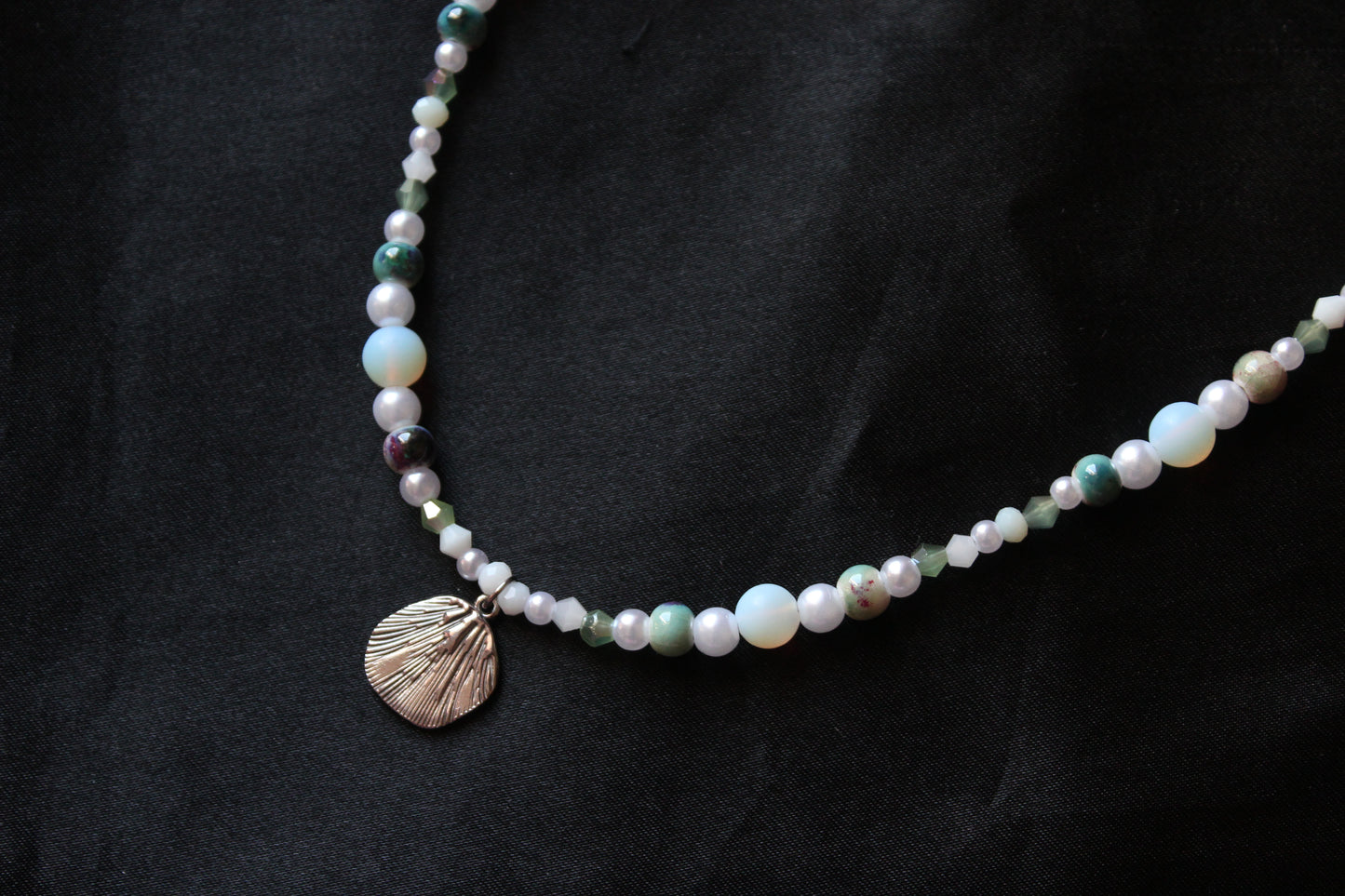 Handmade, Mermaid's Treasure, Shell Charm, Opalite, Beaded Necklace | Waterproof Stainless Steel
