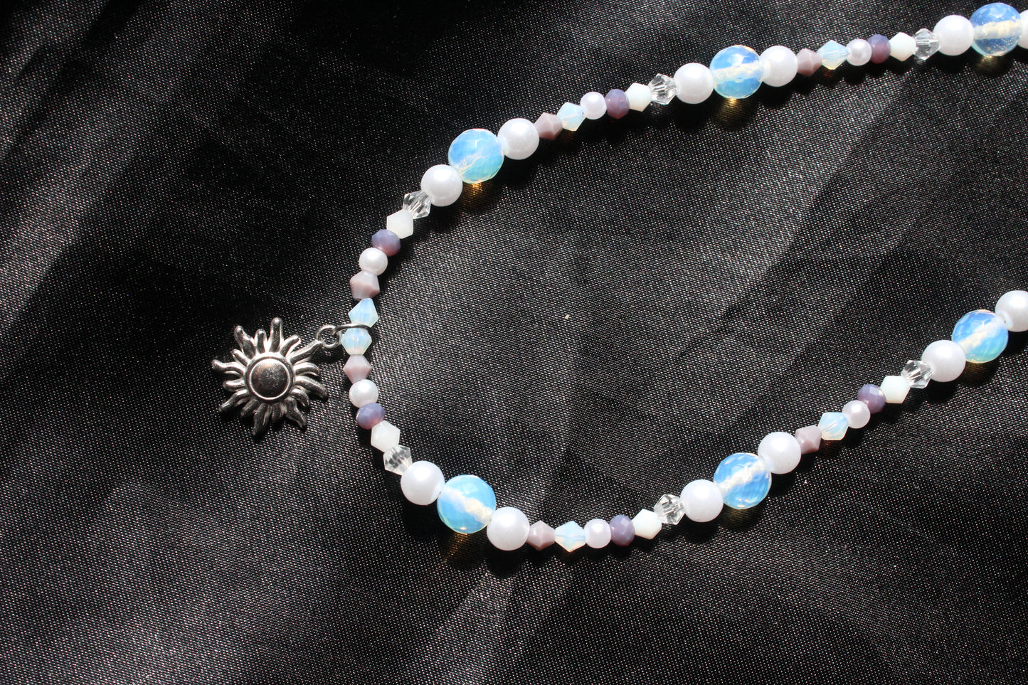 Handmade, Celestial Glow, Opalite Stone, Crystal, Sun Charm, Beaded Necklace | Waterproof Stainless Steel