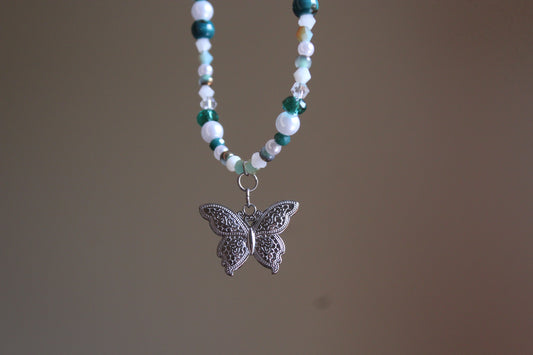 Handmade, Whispering Lagoon, Butterfly Charm, Beaded Necklace | Waterproof Stainless Steel