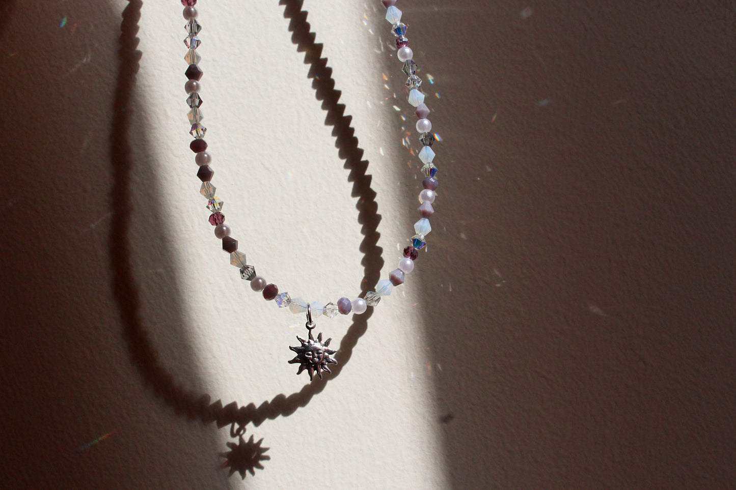 Handmade, Dainty, Lavender Garden, Sun Charm, Beaded Necklace | Waterproof Stainless Steel