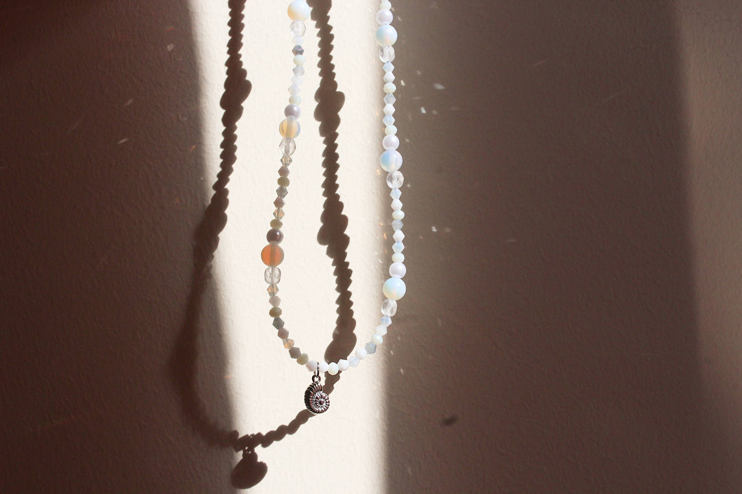 Handmade, Mermaid's Fossil Bay, Opalite Stone, Crystal, Shell Fossil Charm, Beaded Necklace | Waterproof Stainless Steel