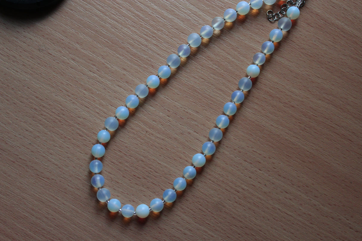 Handmade, Moonlit Glow, Opalite Stone, Beaded Necklace | Waterproof Stainless Steel