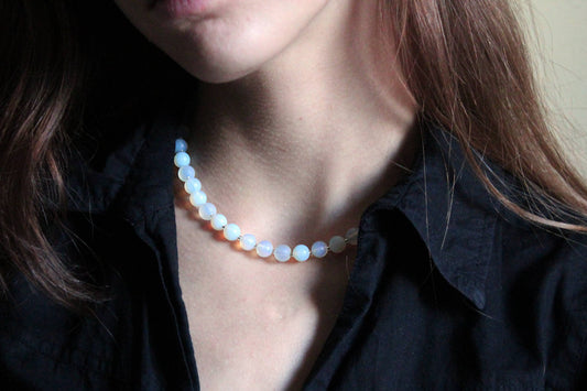 Handmade, Moonlit Glow, Opalite Stone, Beaded Necklace | Waterproof Stainless Steel
