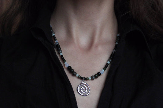 Handmade, Fire & Shadow, Spiral Charm, Yooperlite, Labradorite, Opalite, Beaded Necklace | Waterproof Stainless Steel