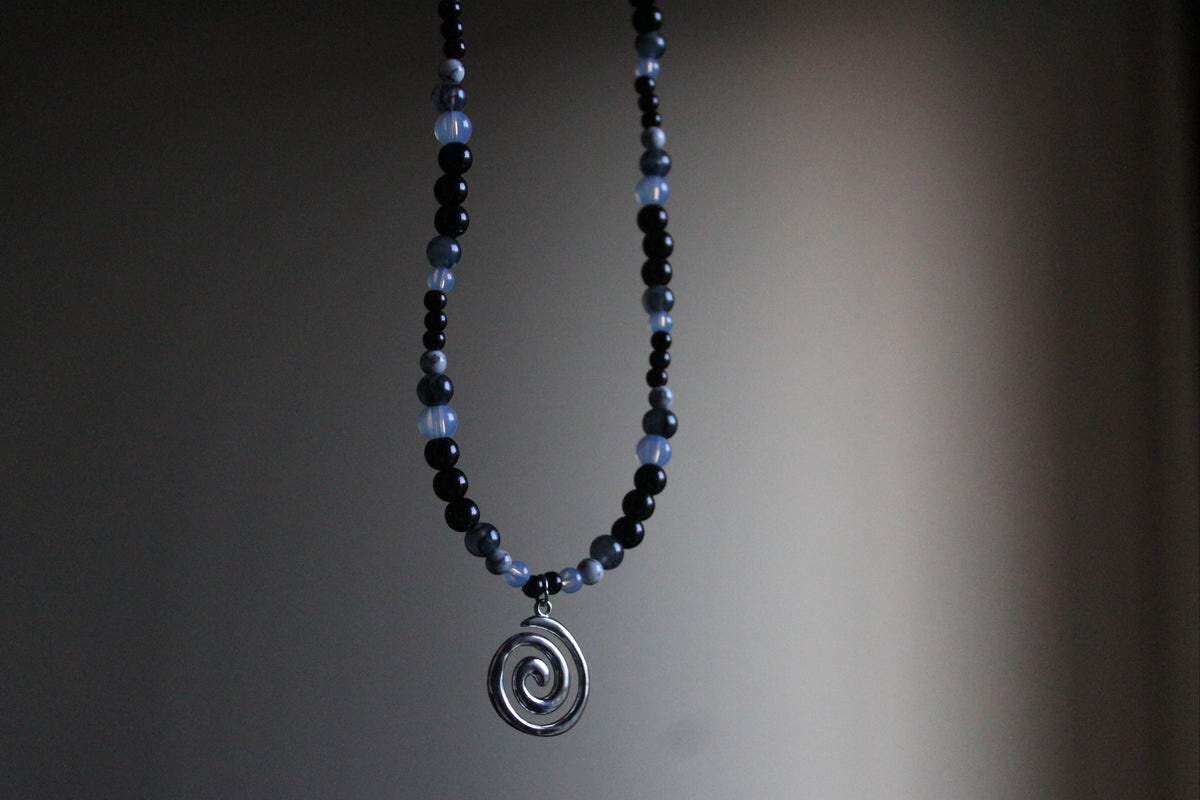 Handmade, Moonlight & Shadow, Spiral Charm, Labradorite, Opalite, Beaded Necklace | Waterproof Stainless Steel