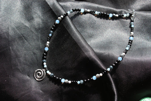 Handmade, Moonlight & Shadow, Spiral Charm, Labradorite, Opalite, Beaded Necklace | Waterproof Stainless Steel