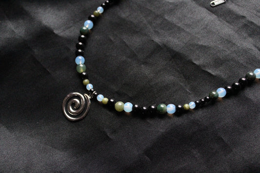 Handmade, Moss & Shadow, Spiral Charm, Agate, Opalite, Serpentine, Beaded Necklace | Waterproof Stainless Steel