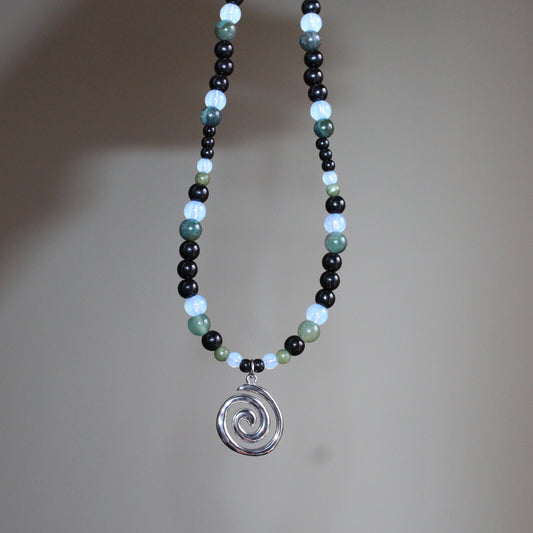 Handmade, Moss & Shadow, Spiral Charm, Agate, Opalite, Serpentine, Beaded Necklace | Waterproof Stainless Steel