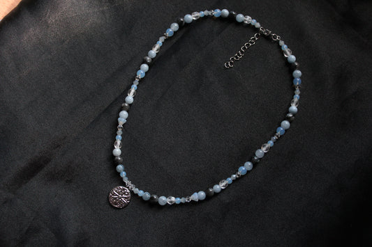 Handmade, Moonlit Compass, Labradorite, Aquamarine, Opalite, Beaded Necklace | Waterproof Stainless Steel