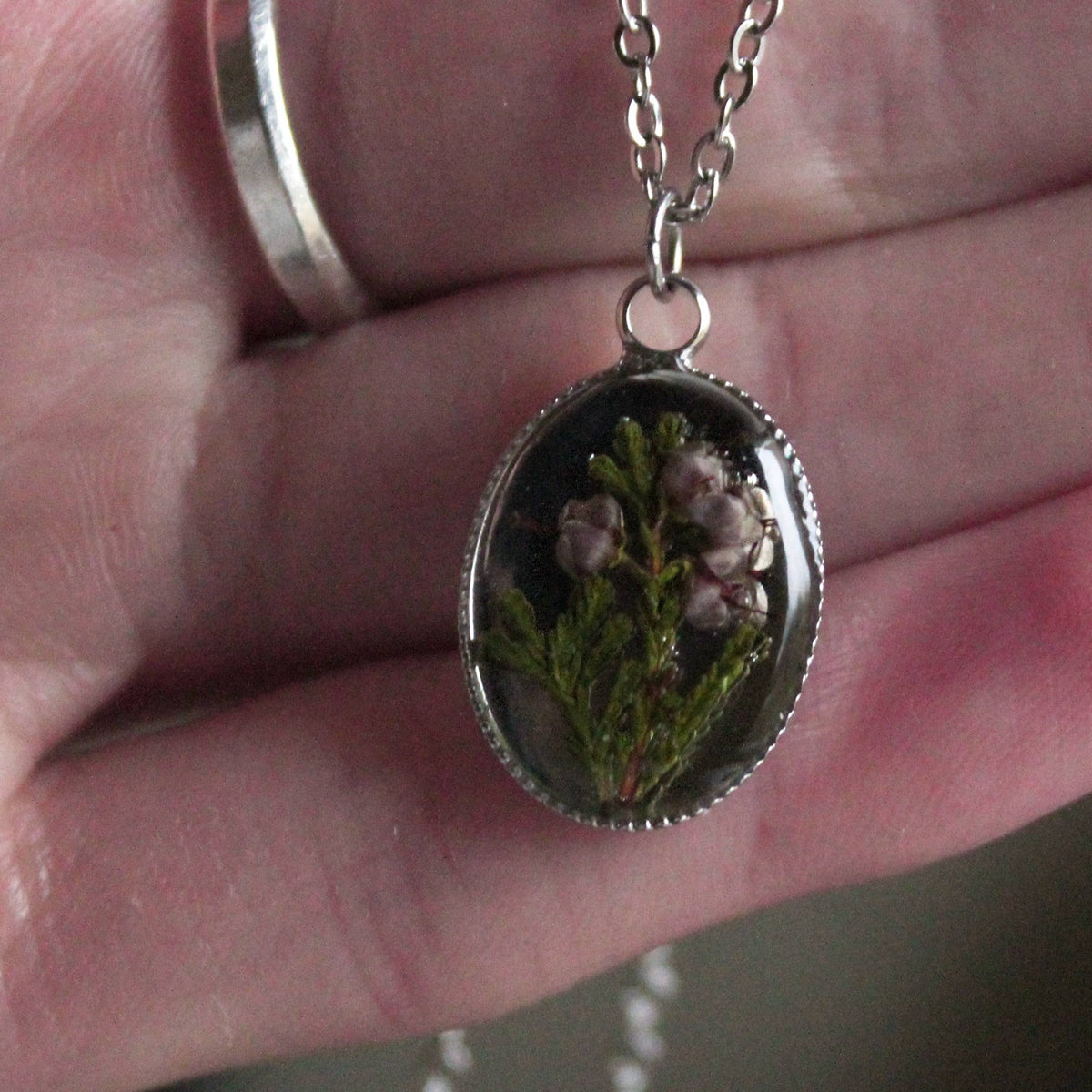 Handmade, Heather Fairy, Botanical, Flower, Clear, Resin Necklace | Stainless Steel