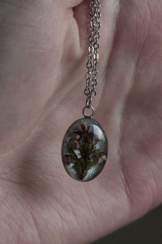 Handmade, Heather Fairy, Botanical, Flower, White, Resin Necklace | Stainless Steel