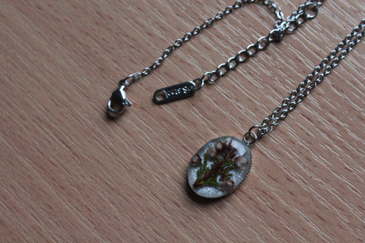 Handmade, Heather Fairy, Botanical, Flower, White, Resin Necklace | Stainless Steel