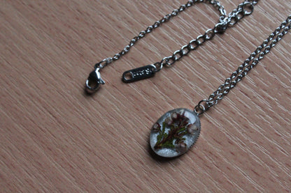 Handmade, Heather Fairy, Botanical, Flower, White, Resin Necklace | Stainless Steel