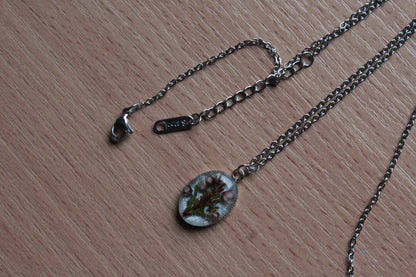 Handmade, Heather Fairy, Botanical, Flower, White, Resin Necklace | Stainless Steel