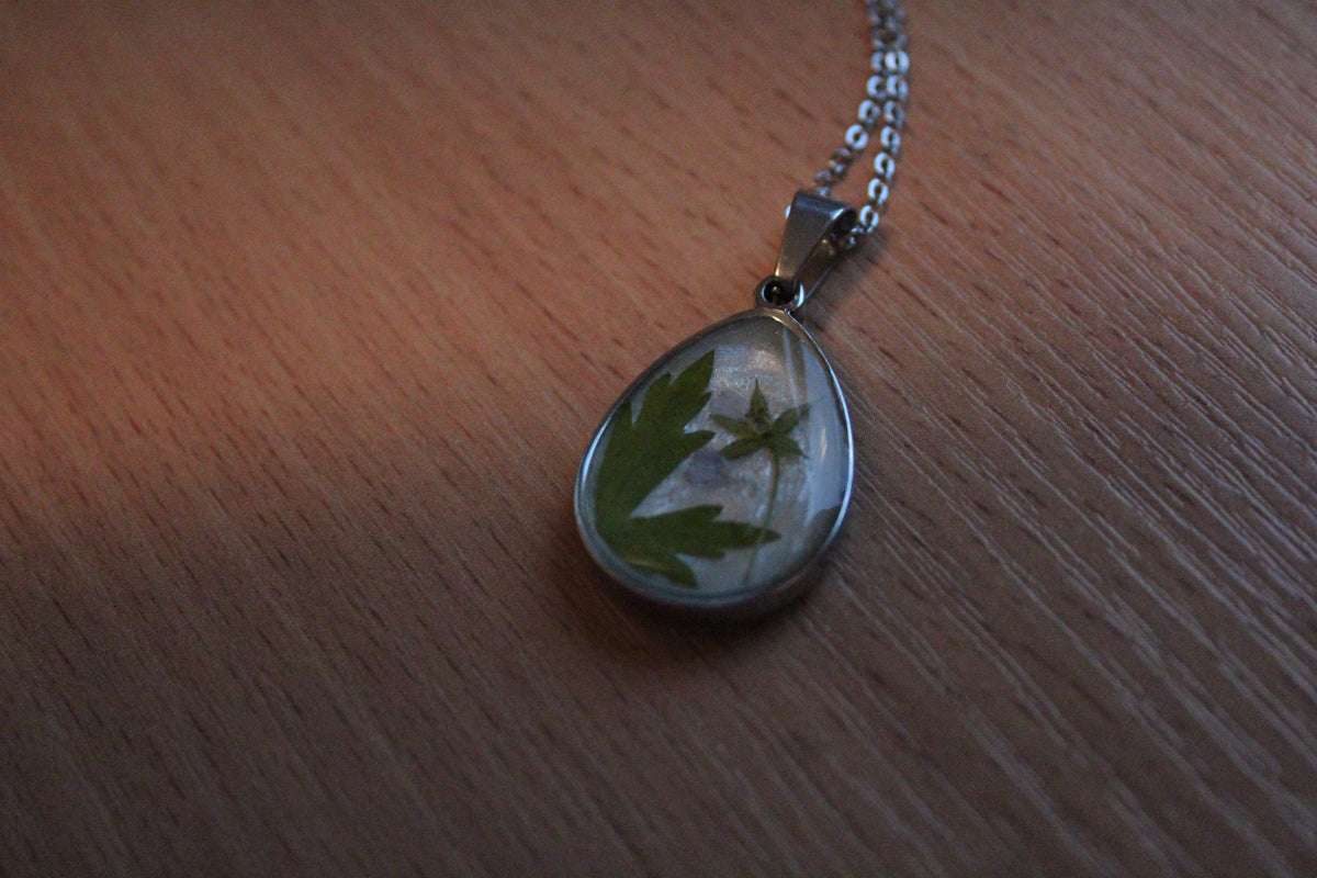 Handmade, Leaf & Flower Fairy, Botanical, White, Resin Necklace | Stainless Steel