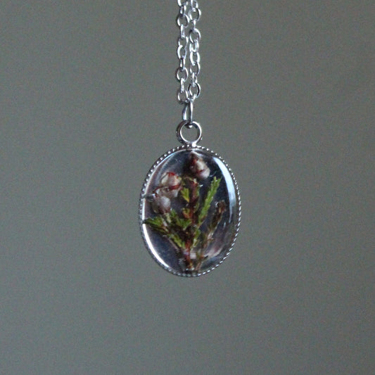 Handmade, Heather Fairy, Botanical, Flower, Clear, Resin Necklace | Stainless Steel