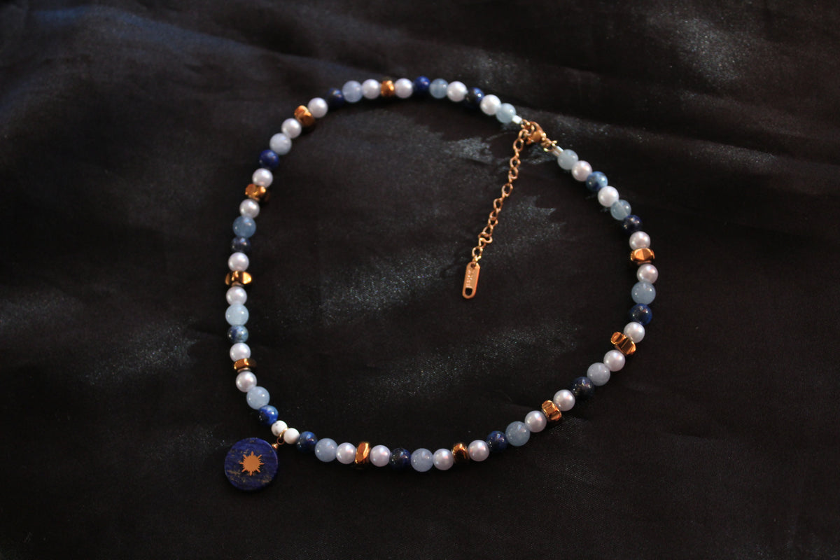 Handmade, Lapis lazuli, Aquamarine, Sun Charm, Beaded Necklace | Waterproof Stainless Steel