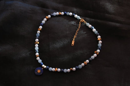Handmade, Lapis lazuli, Aquamarine, Sun Charm, Beaded Necklace | Waterproof Stainless Steel