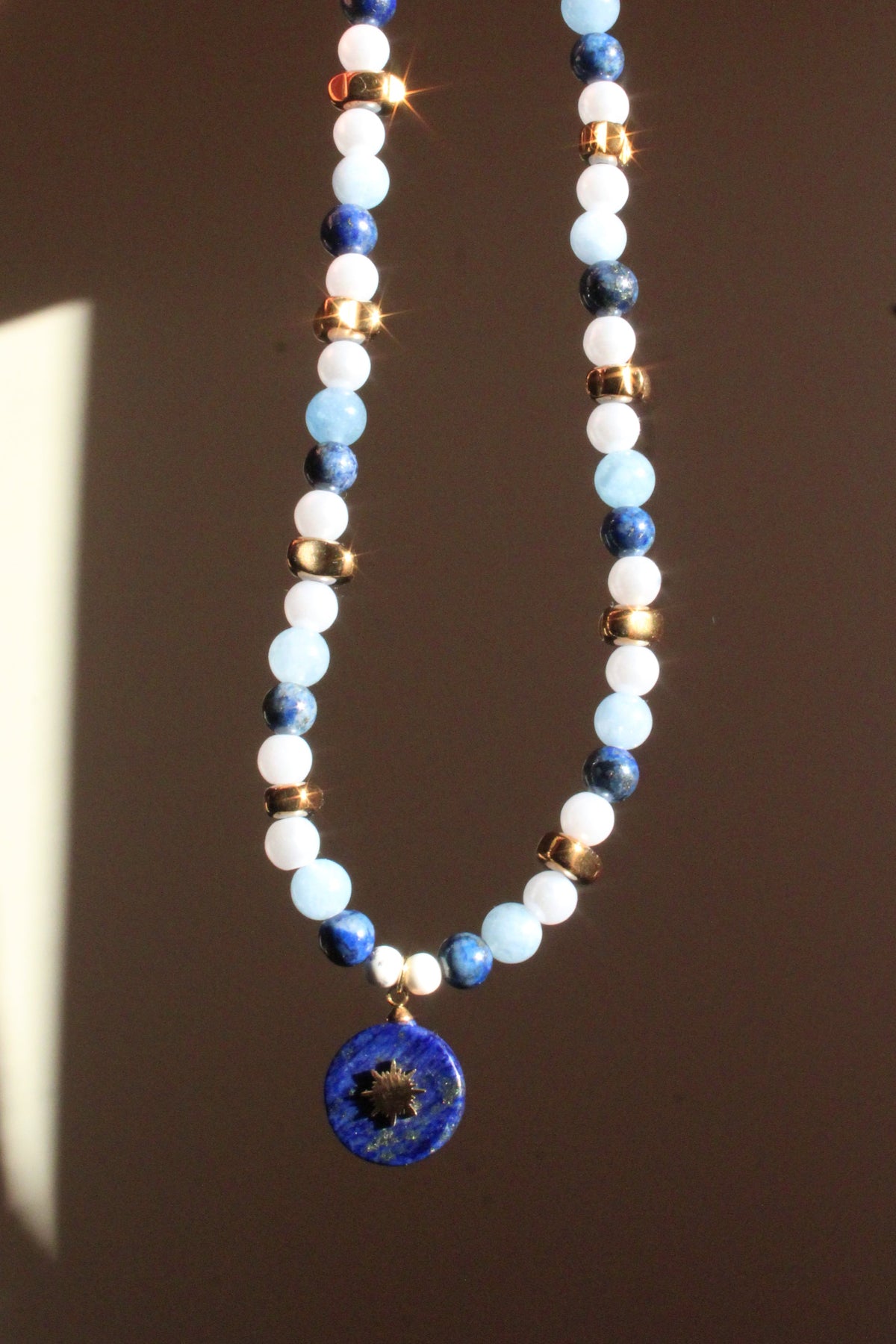 Handmade, Lapis lazuli, Aquamarine, Sun Charm, Beaded Necklace | Waterproof Stainless Steel