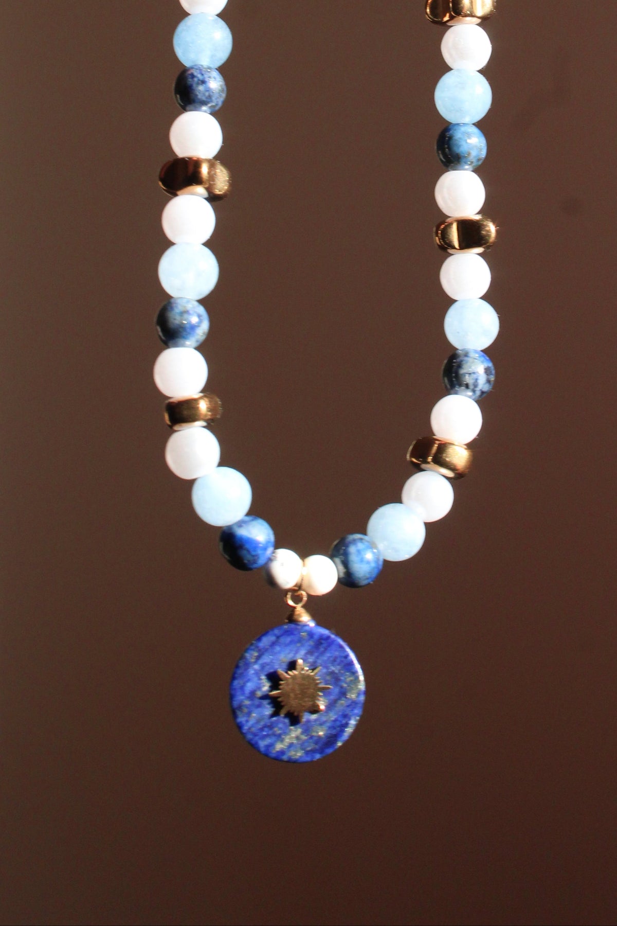 Handmade, Lapis lazuli, Aquamarine, Sun Charm, Beaded Necklace | Waterproof Stainless Steel