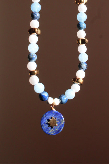 Handmade, Lapis lazuli, Aquamarine, Sun Charm, Beaded Necklace | Waterproof Stainless Steel