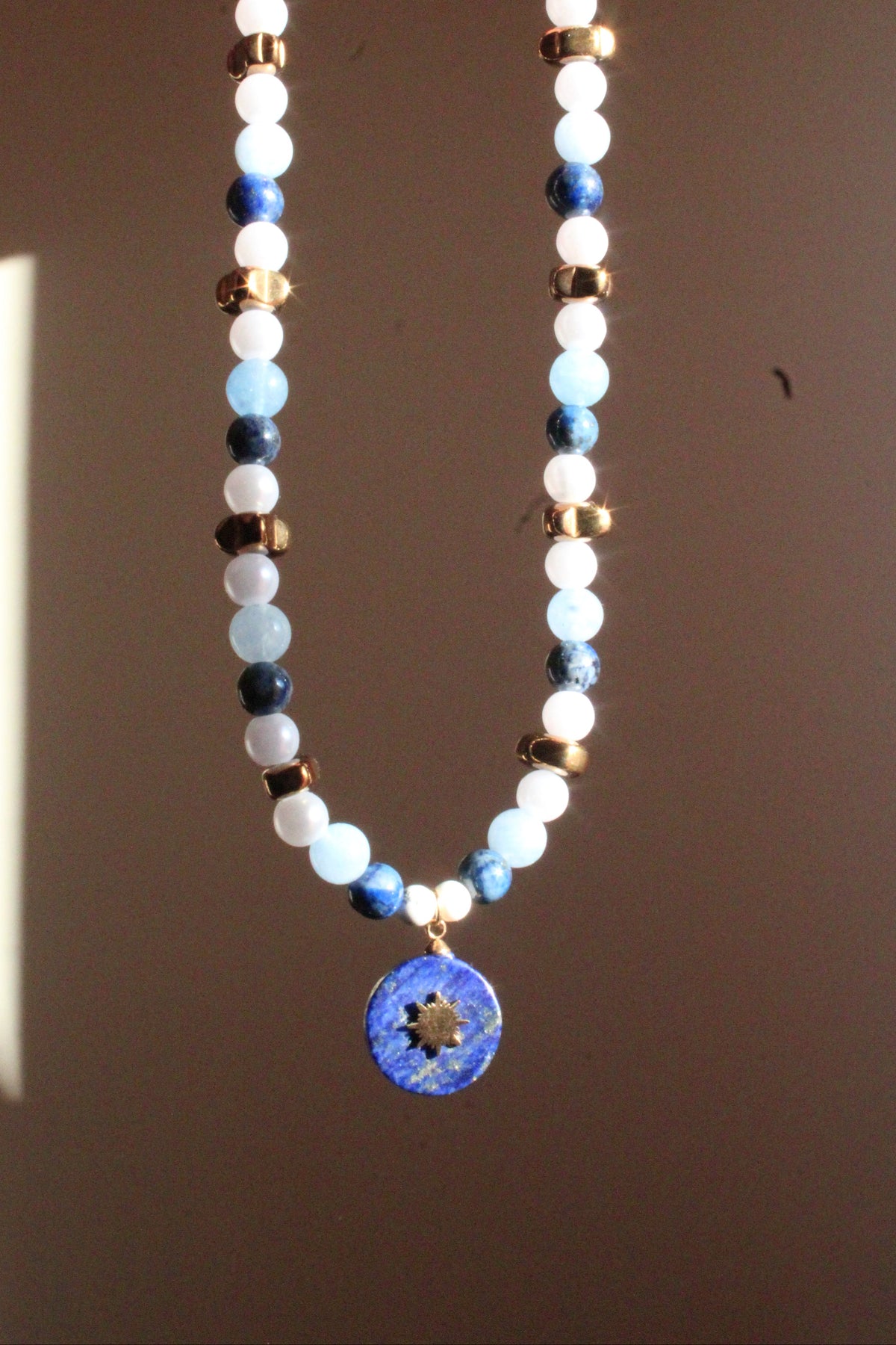 Handmade, Lapis lazuli, Aquamarine, Sun Charm, Beaded Necklace | Waterproof Stainless Steel