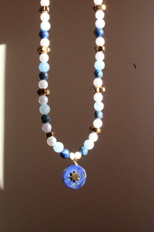 Handmade, Lapis lazuli, Aquamarine, Sun Charm, Beaded Necklace | Waterproof Stainless Steel