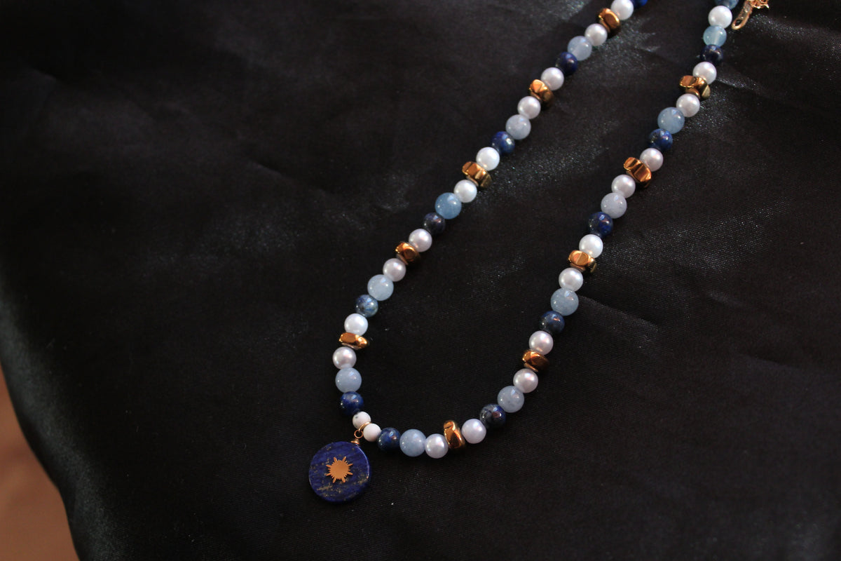 Handmade, Lapis lazuli, Aquamarine, Sun Charm, Beaded Necklace | Waterproof Stainless Steel