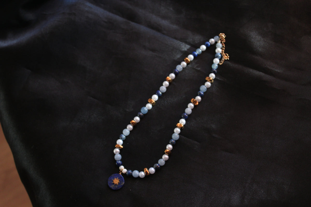 Handmade, Lapis lazuli, Aquamarine, Sun Charm, Beaded Necklace | Waterproof Stainless Steel