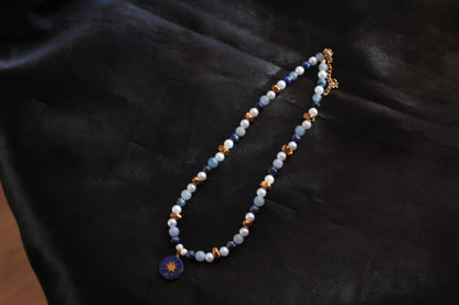 Handmade, Lapis lazuli, Aquamarine, Sun Charm, Beaded Necklace | Waterproof Stainless Steel