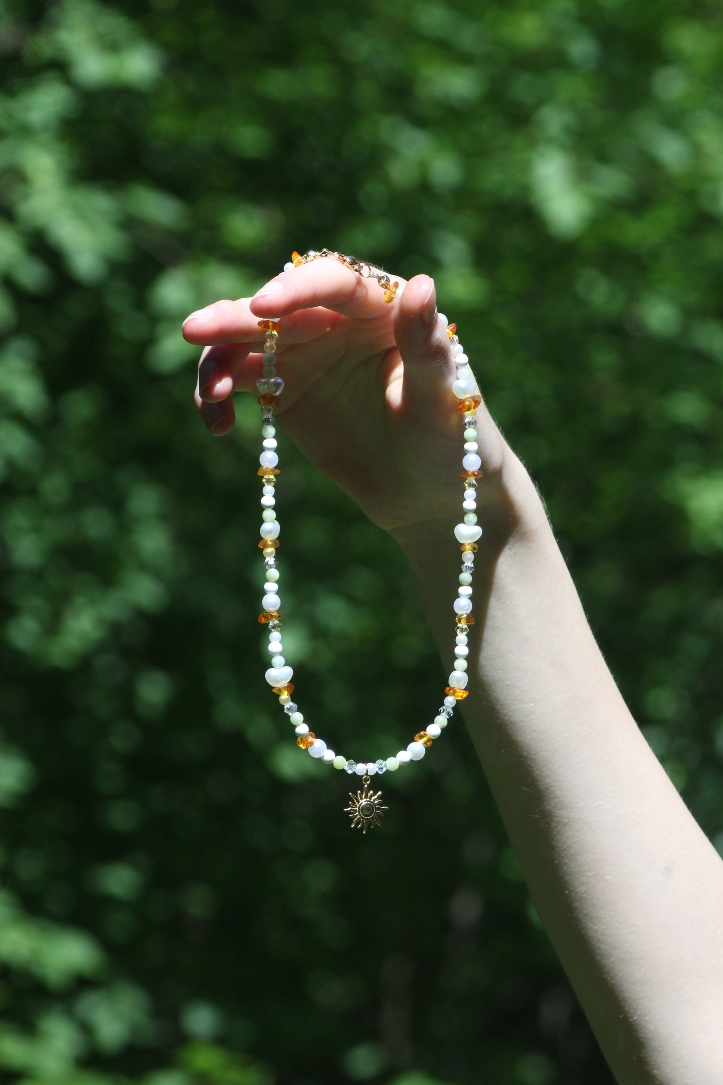 Handmade Sunlit Sage Beaded Necklace | Waterproof Stainless Steel