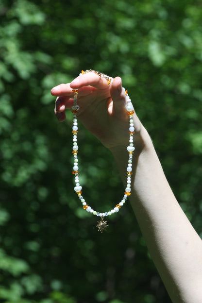 Handmade Sunlit Sage Beaded Necklace | Waterproof Stainless Steel
