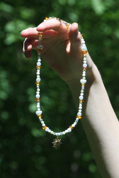 Handmade Sunlit Sage Beaded Necklace | Waterproof Stainless Steel